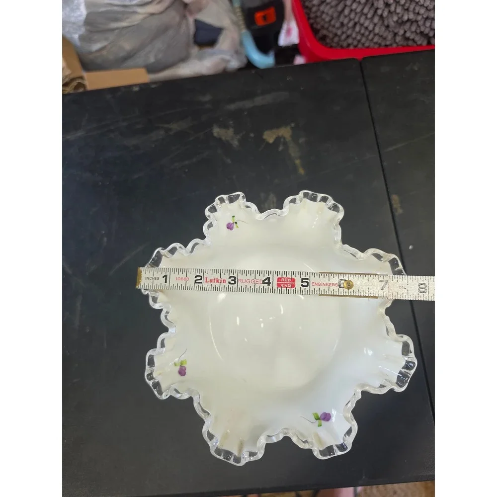 Fenton Milk Glass Ruffled Compote Silver Crest Hand Painted Violets M Lemon Sign